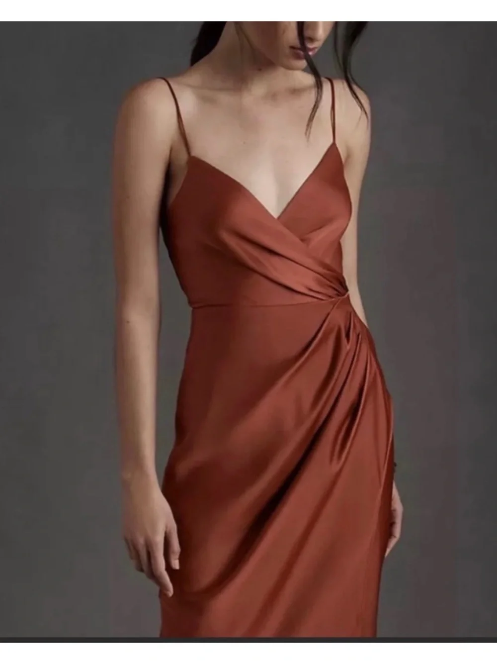 BHLDN Rust Satin Slip Gown with Side Slit - Picture 2 of 6